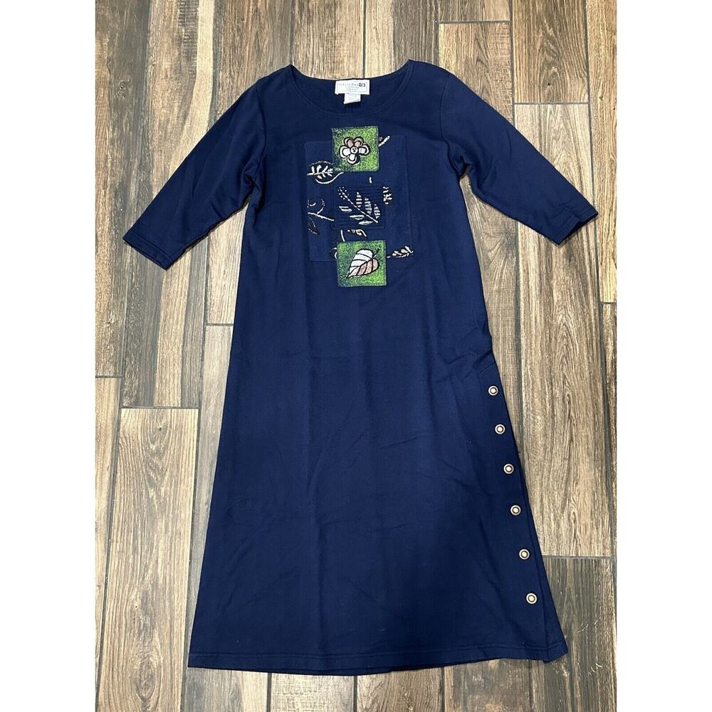 Studio G Maxi Dress 3/4 Sleeves Size S Blue Nature Print Flower Leaves USA Made